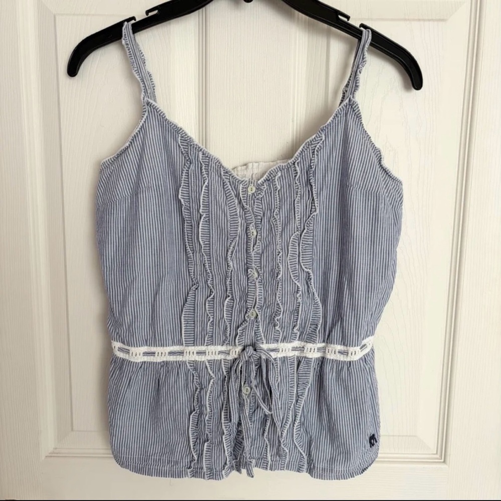 Y2K Abercrombie & Fitch Blue Striped Ruffle Tie-Waist Tank